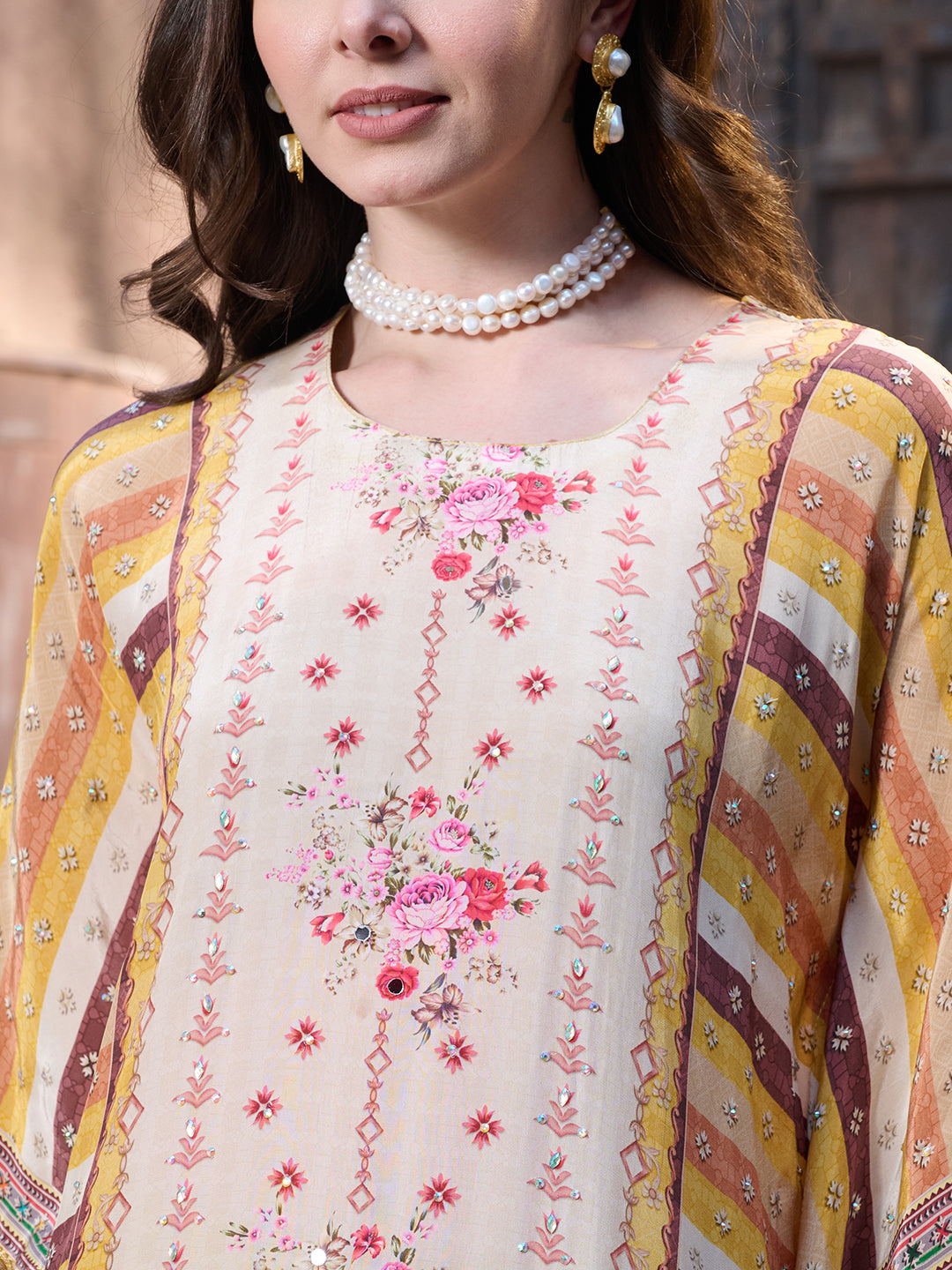 Mustard Mirror Work Printed Silk Blend Co-ord Set