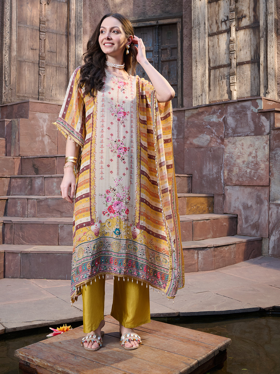 Mustard Mirror Work Printed Silk Blend Co-ord Set