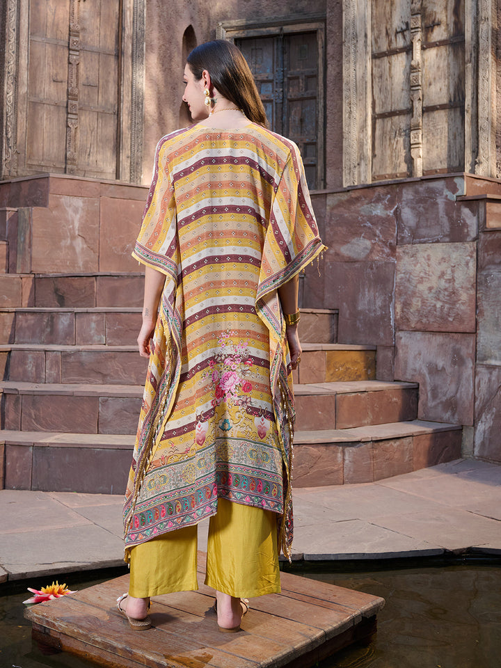 Mustard Mirror Work Printed Silk Blend Co-ord Set