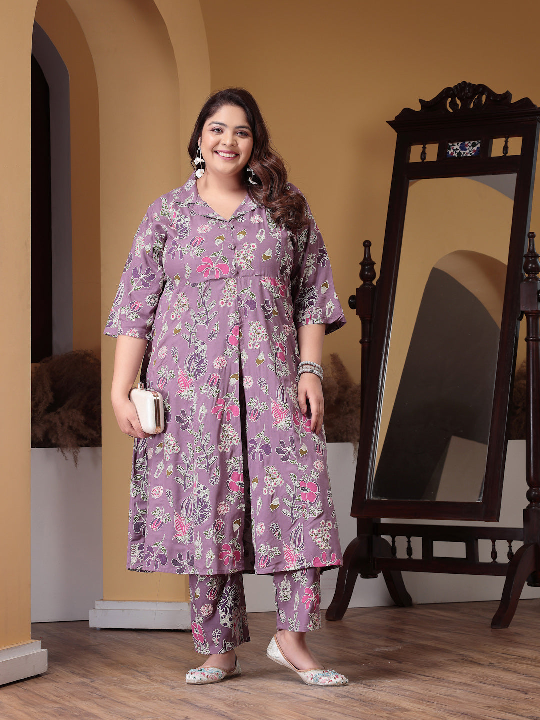 Plus Size Floral Printed Rayon Kurta Pant Set