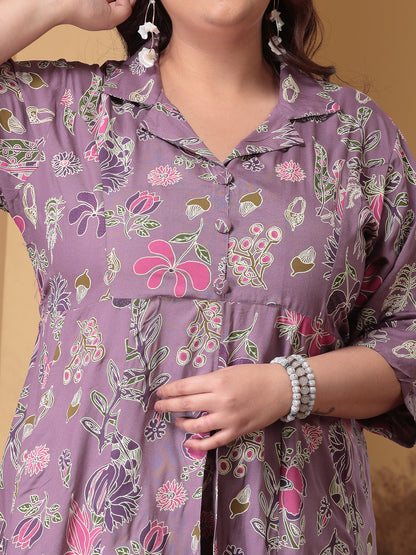 Plus Size Floral Printed Rayon Kurta Pant Set (Pre-Order)