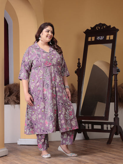 Plus Size Floral Printed Rayon Kurta Pant Set