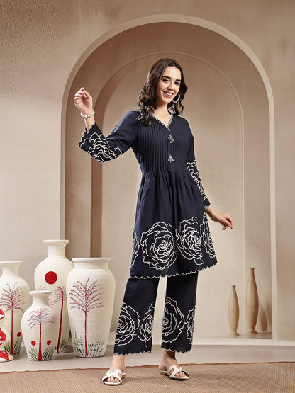 Navy Blue Solid & Embroidered Cotton Co-Ord Set