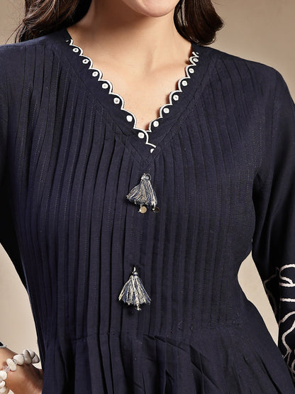 Navy Blue Solid & Embroidered Cotton Co-Ord Set (Pre-Order)