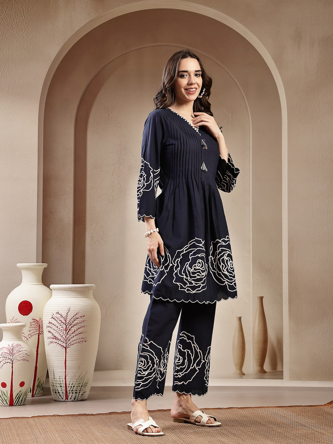 Navy Blue Solid &amp; Embroidered Cotton Co-Ord Set