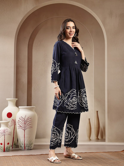 Navy Blue Solid & Embroidered Cotton Co-Ord Set