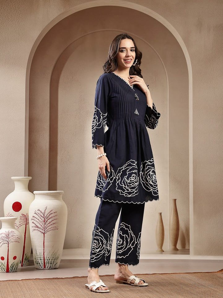 Navy Blue Solid &amp; Embroidered Cotton Co-Ord Set