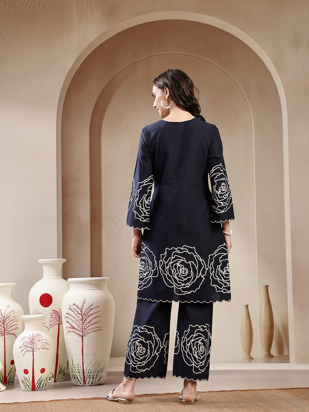 Navy Blue Solid &amp; Embroidered Cotton Co-Ord Set
