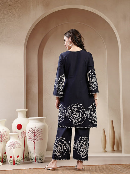 Navy Blue Solid & Embroidered Cotton Co-Ord Set