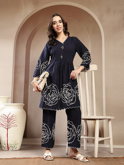 Navy Blue Solid & Embroidered Cotton Co-Ord Set