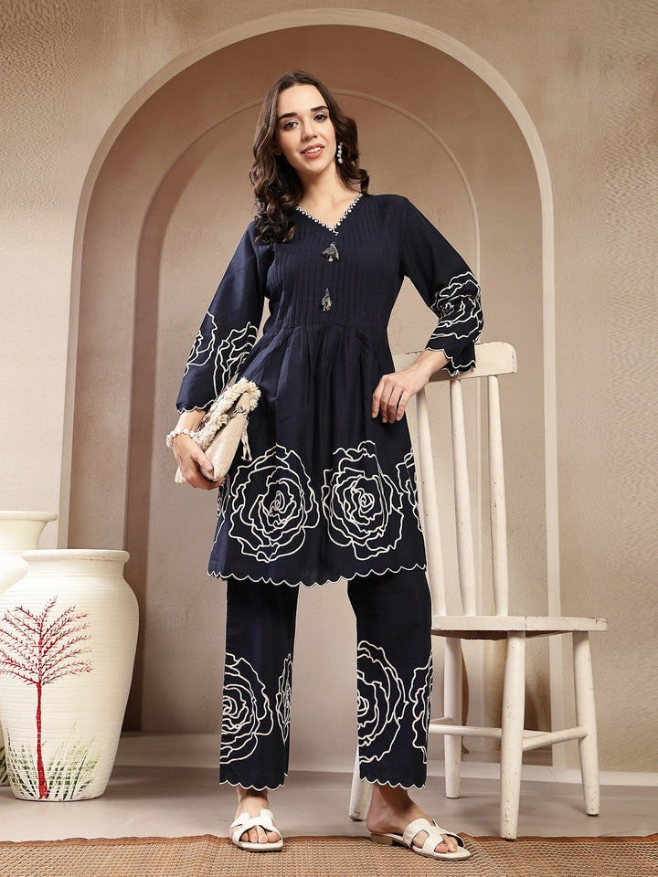 Navy Blue Solid &amp; Embroidered Cotton Co-Ord Set
