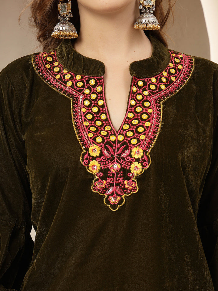 Olive Solid &amp; Embroidered Velvet Co-Ord Set