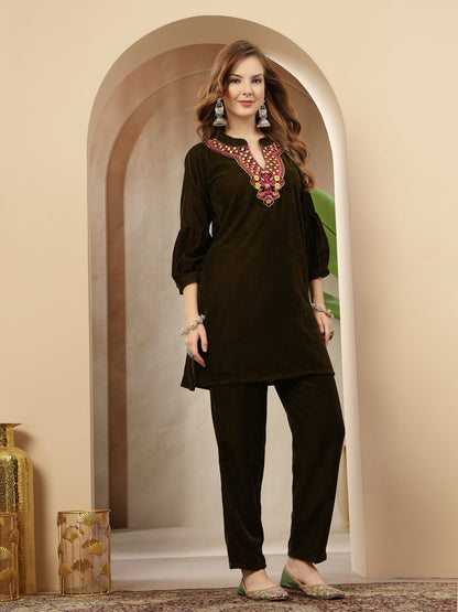 Olive Solid & Embroidered Velvet Co-Ord Set