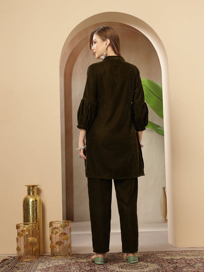 Olive Solid & Embroidered Velvet Co-Ord Set