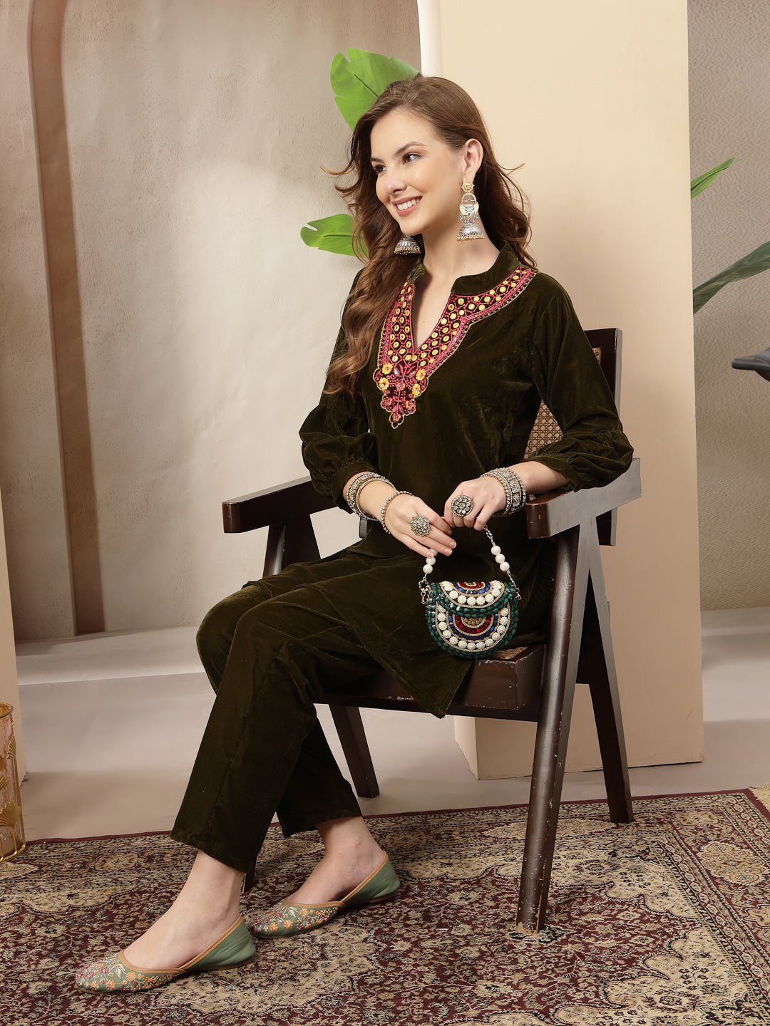 Olive Solid &amp; Embroidered Velvet Co-Ord Set