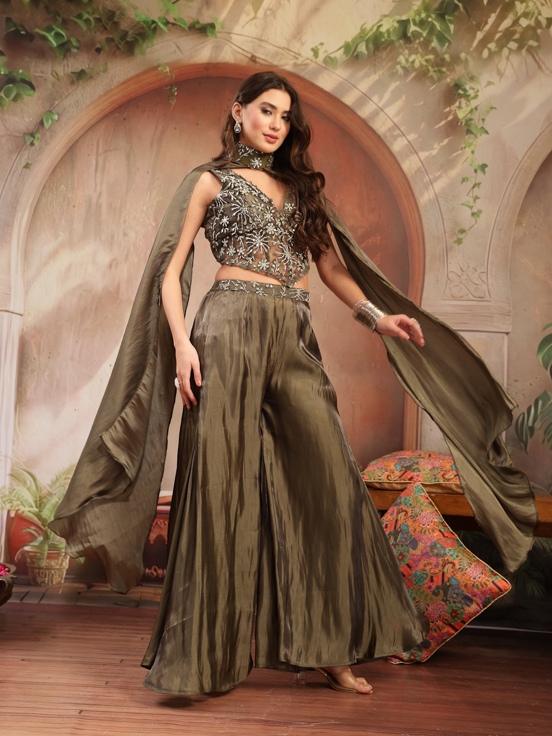 Solid &amp; Embroidered Organza Co-Ord Set
