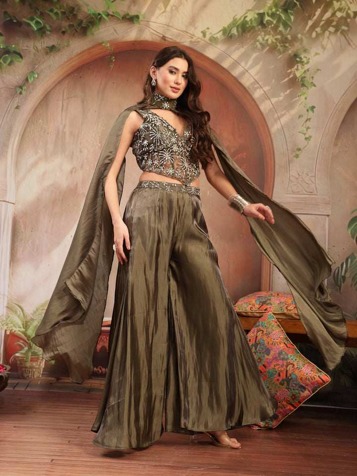 Solid &amp; Embroidered Organza Co-Ord Set
