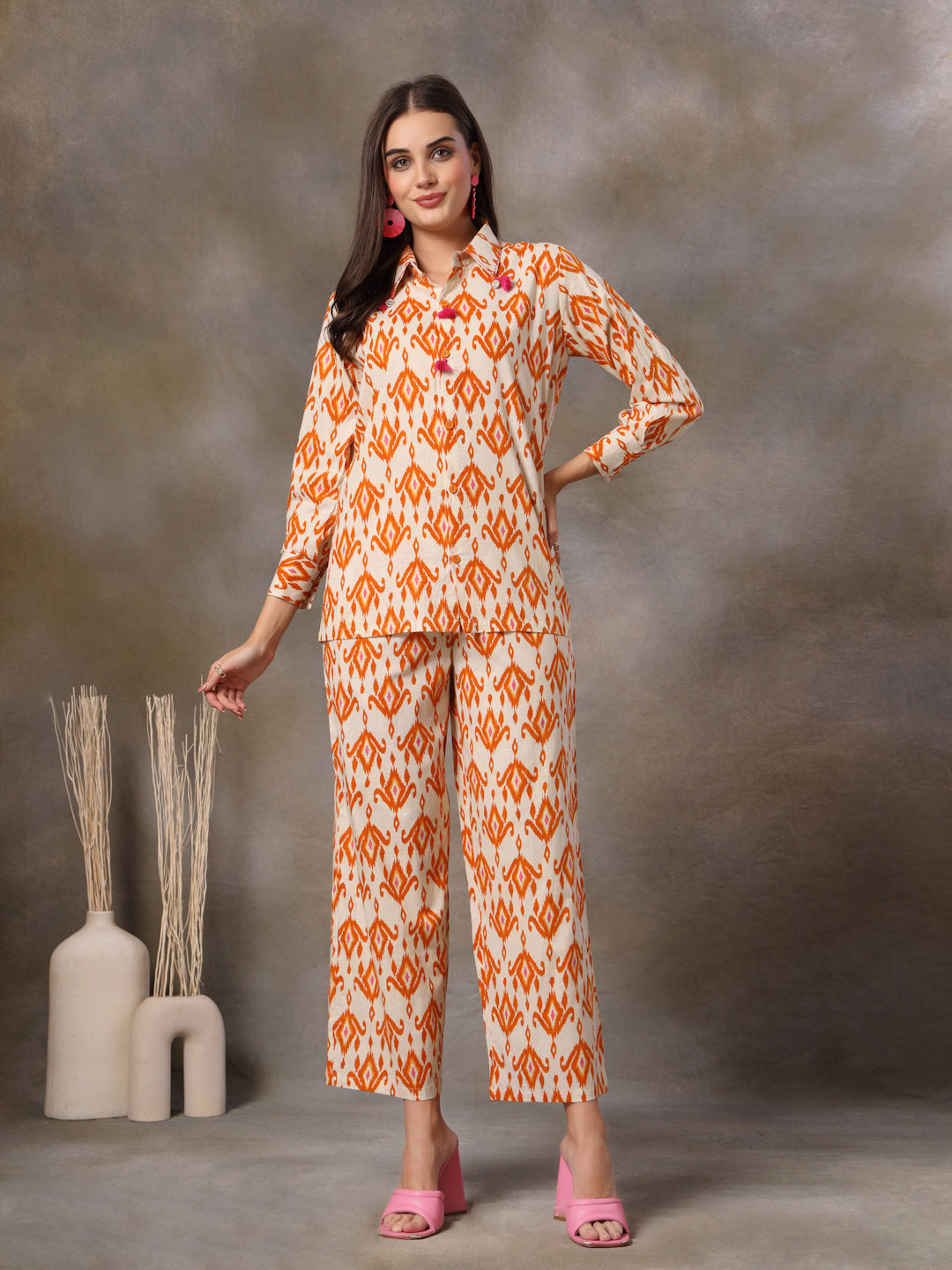 Orange Ikkat Printed Cotton Co-Ord Set