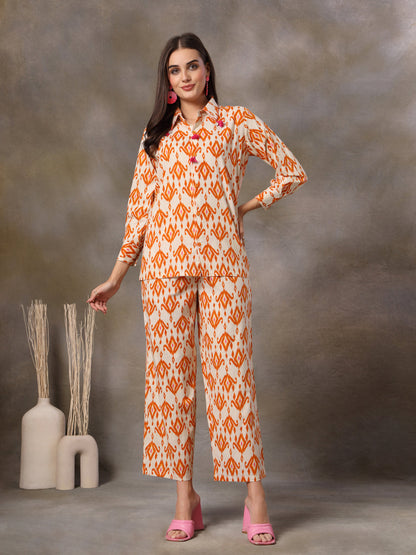 Orange Ikkat Printed Cotton Co-Ord Set