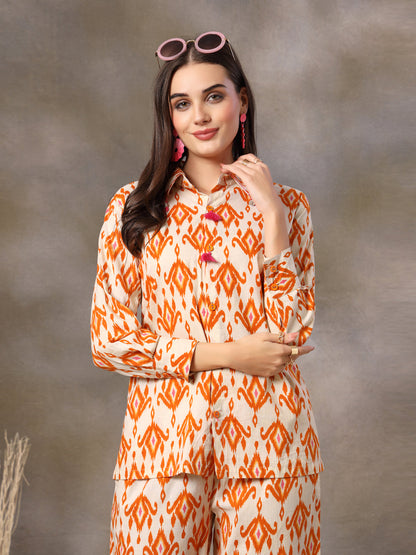 Orange Ikkat Printed Cotton Co-Ord Set