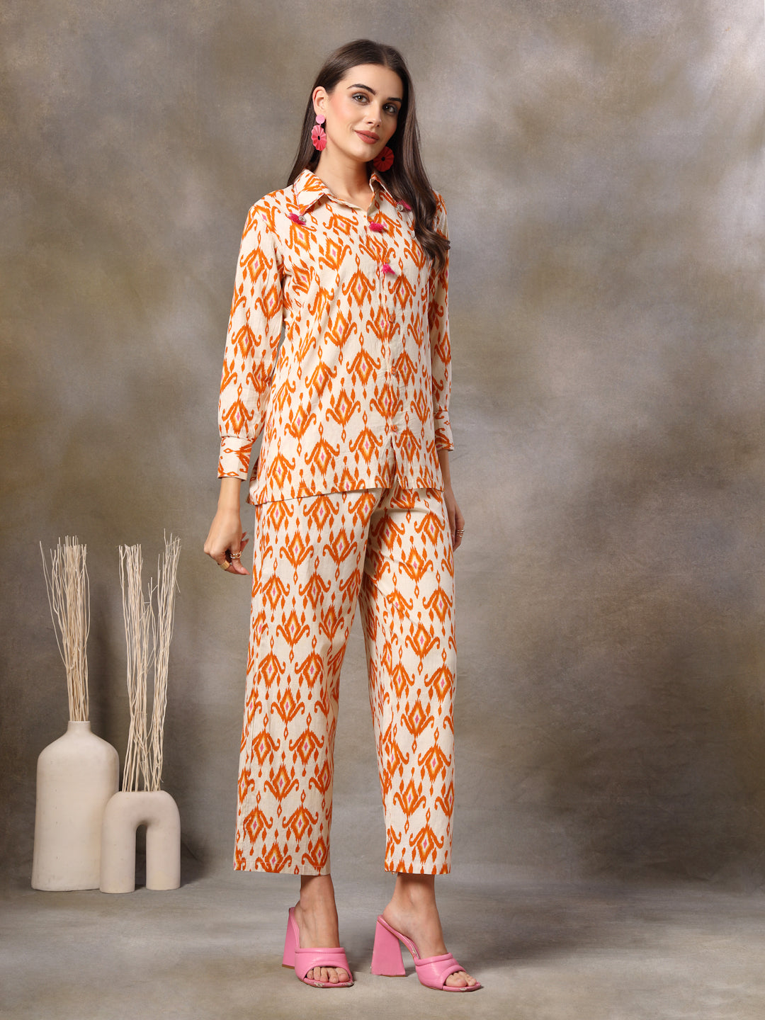 Orange Ikkat Printed Cotton Co-Ord Set