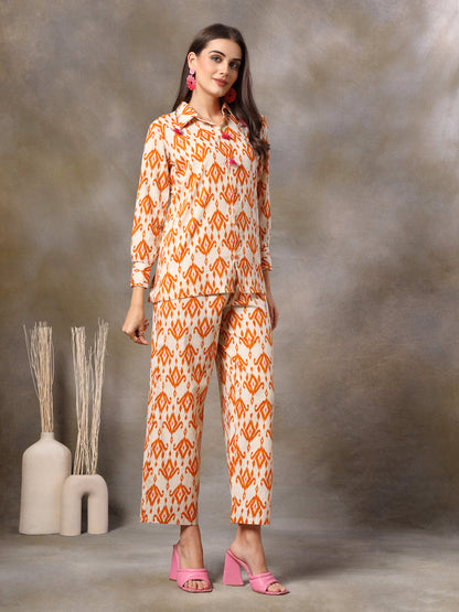 Orange Ikkat Printed Cotton Co-Ord Set