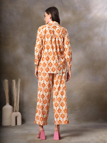 Orange Ikkat Printed Cotton Co-Ord Set