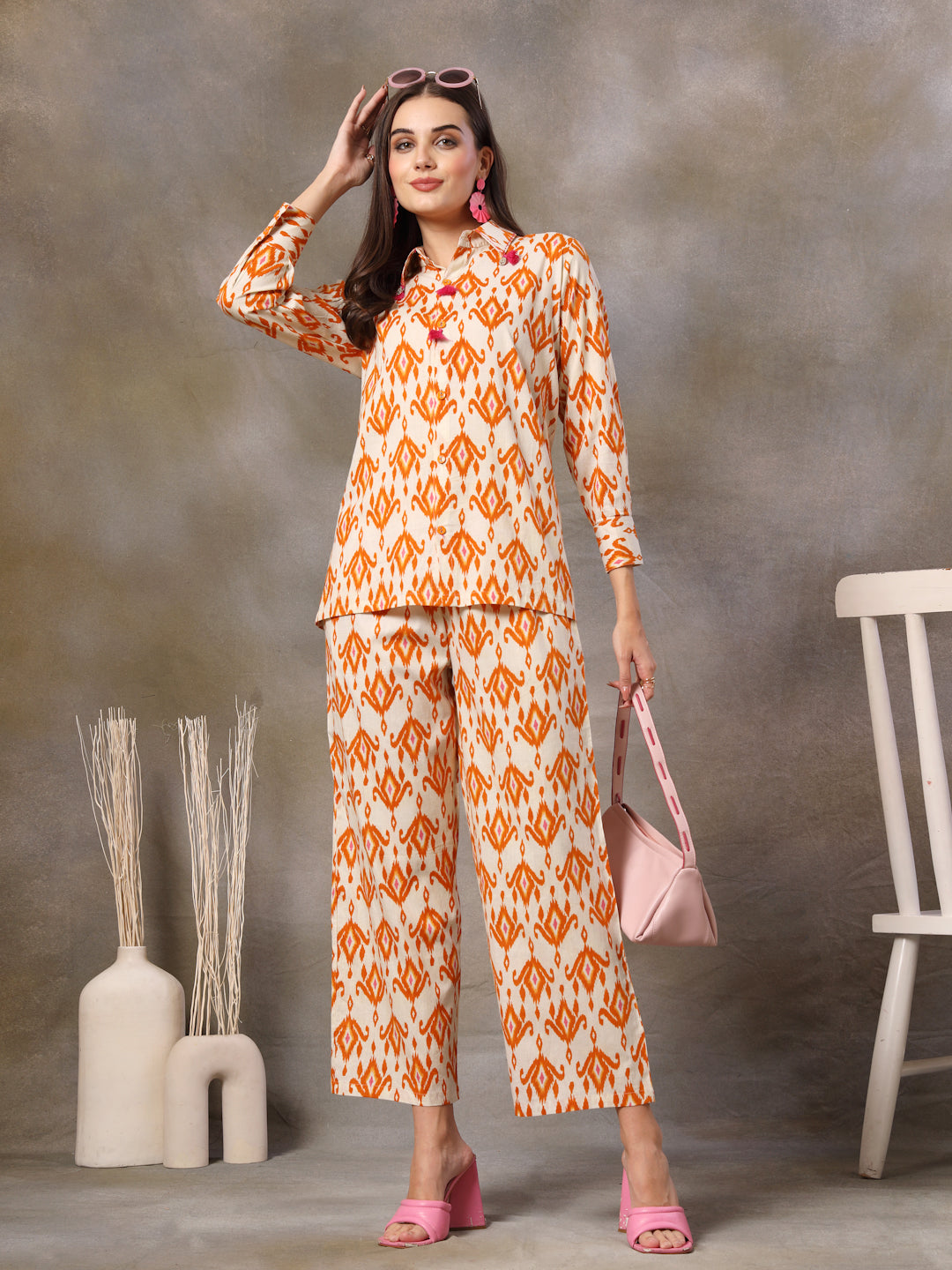 Orange Ikkat Printed Cotton Co-Ord Set