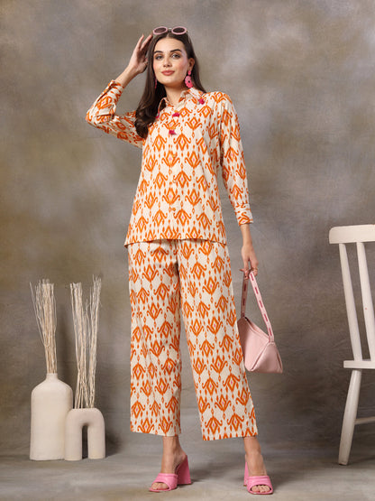 Orange Ikkat Printed Cotton Co-Ord Set