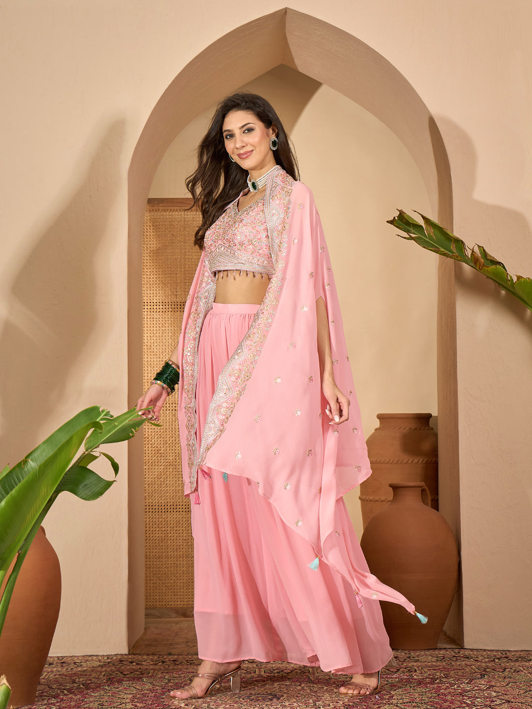 Solid &amp; Embroidered Georgette Co-Ord Set