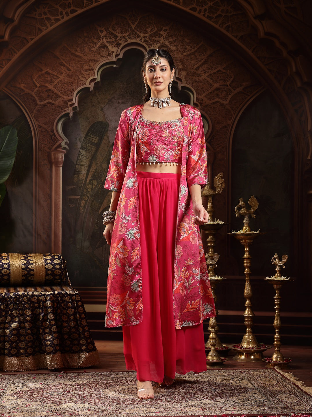Pink Floral Printed &amp; Embroidered Silk Blend Co-Ord Set