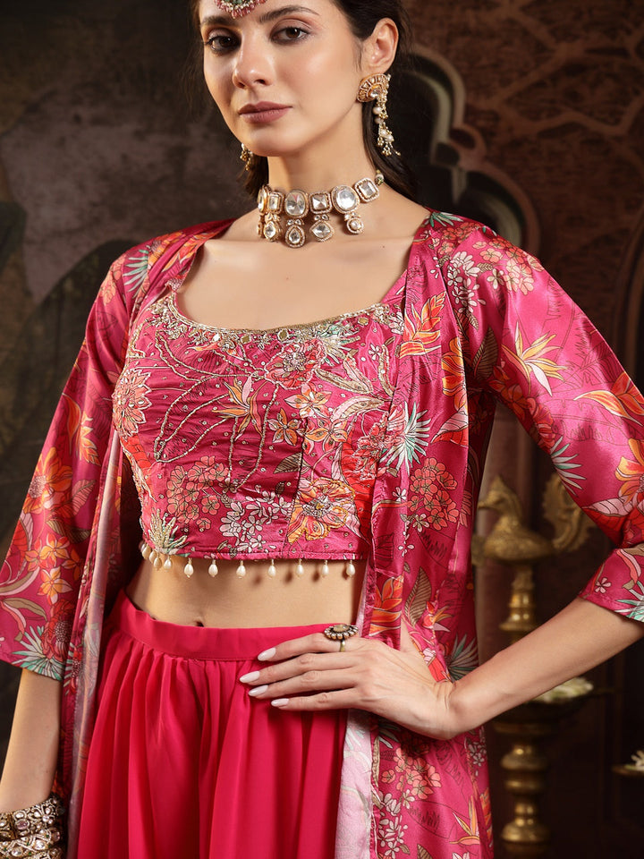 Pink Floral Printed &amp; Embroidered Silk Blend Co-Ord Set