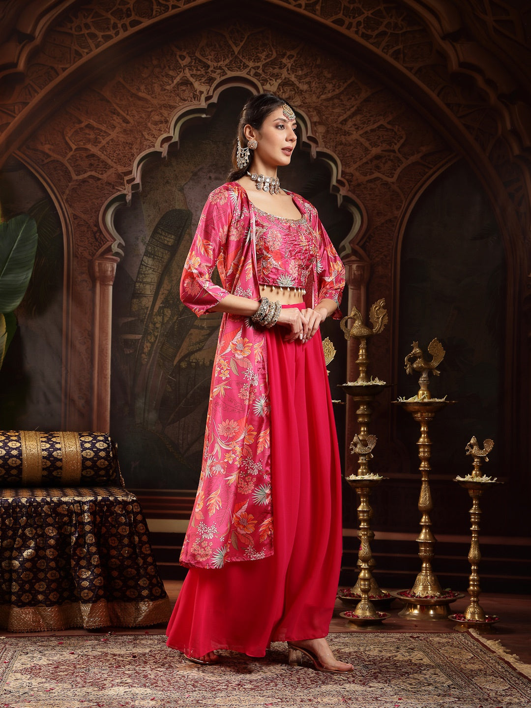 Pink Floral Printed &amp; Embroidered Silk Blend Co-Ord Set