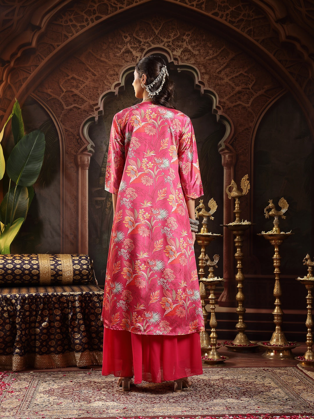 Pink Floral Printed &amp; Embroidered Silk Blend Co-Ord Set