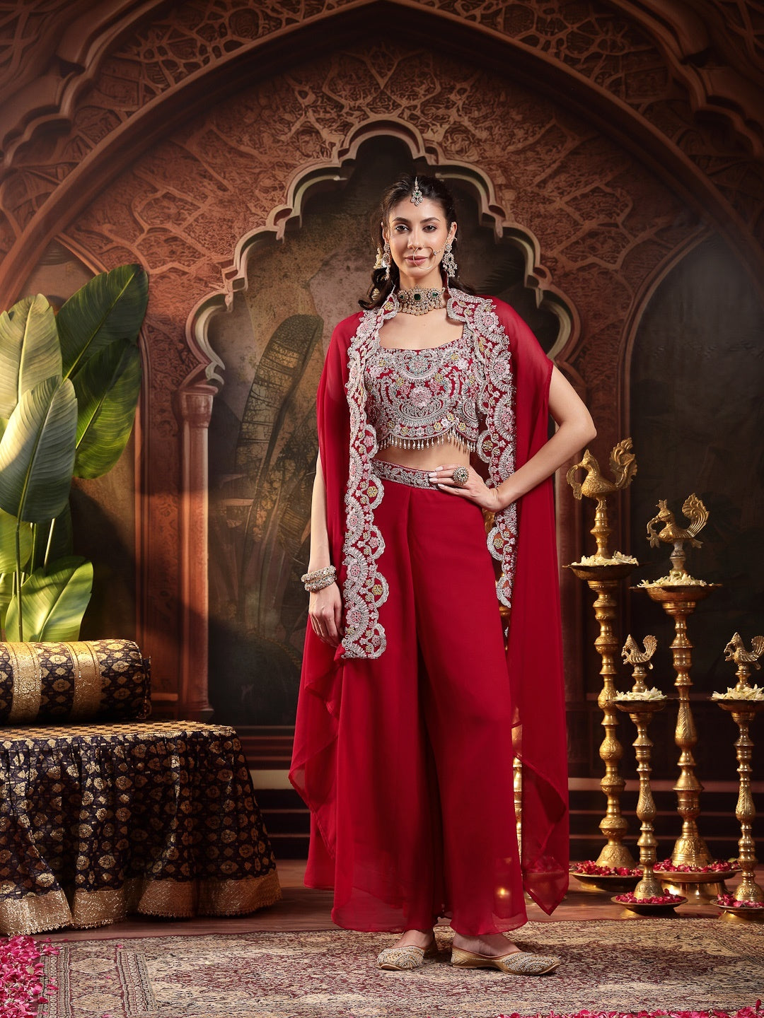 Pink Solid &amp; Embroidered Georgette Co-Ord Set