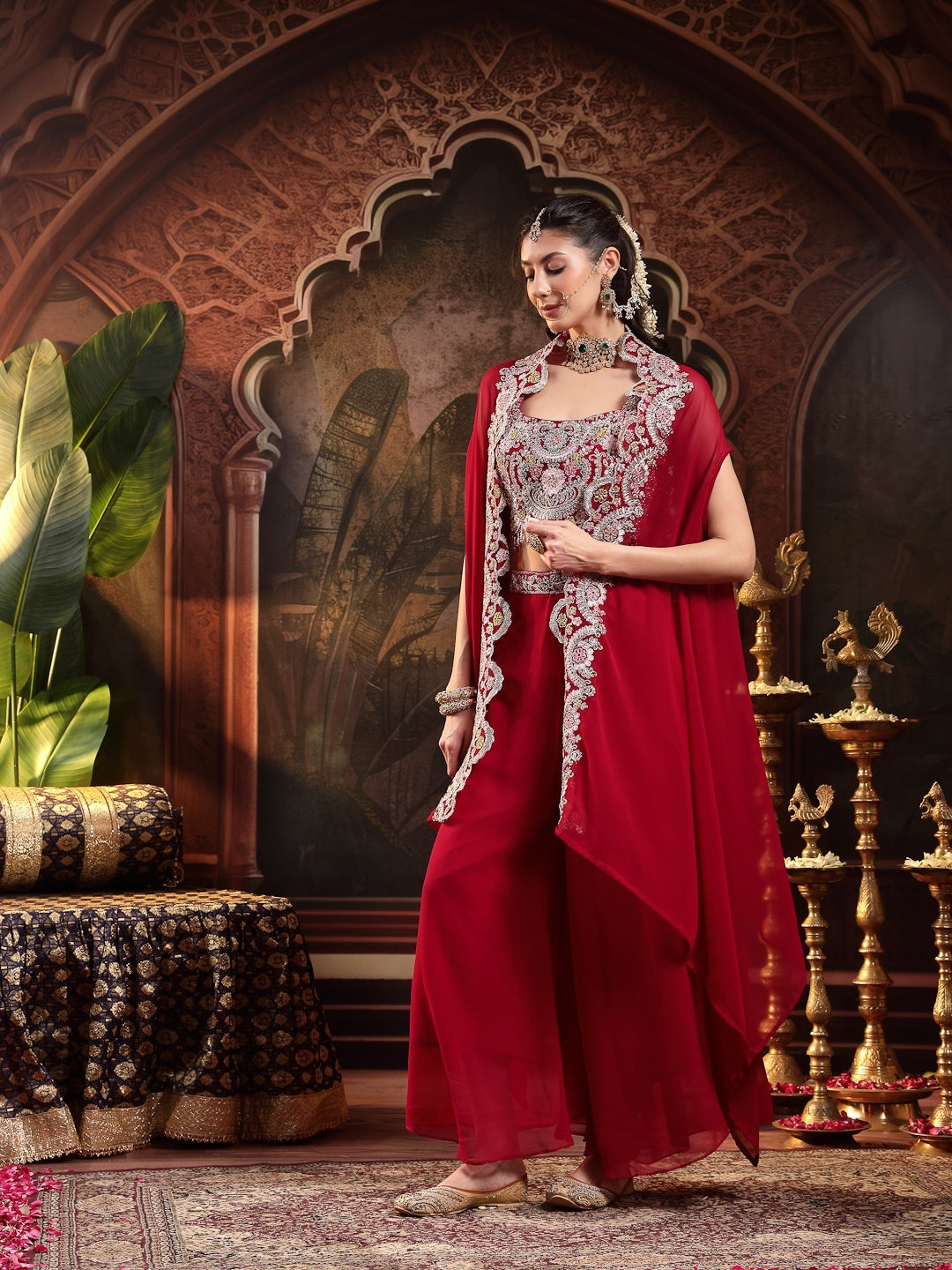 Pink Solid &amp; Embroidered Georgette Co-Ord Set