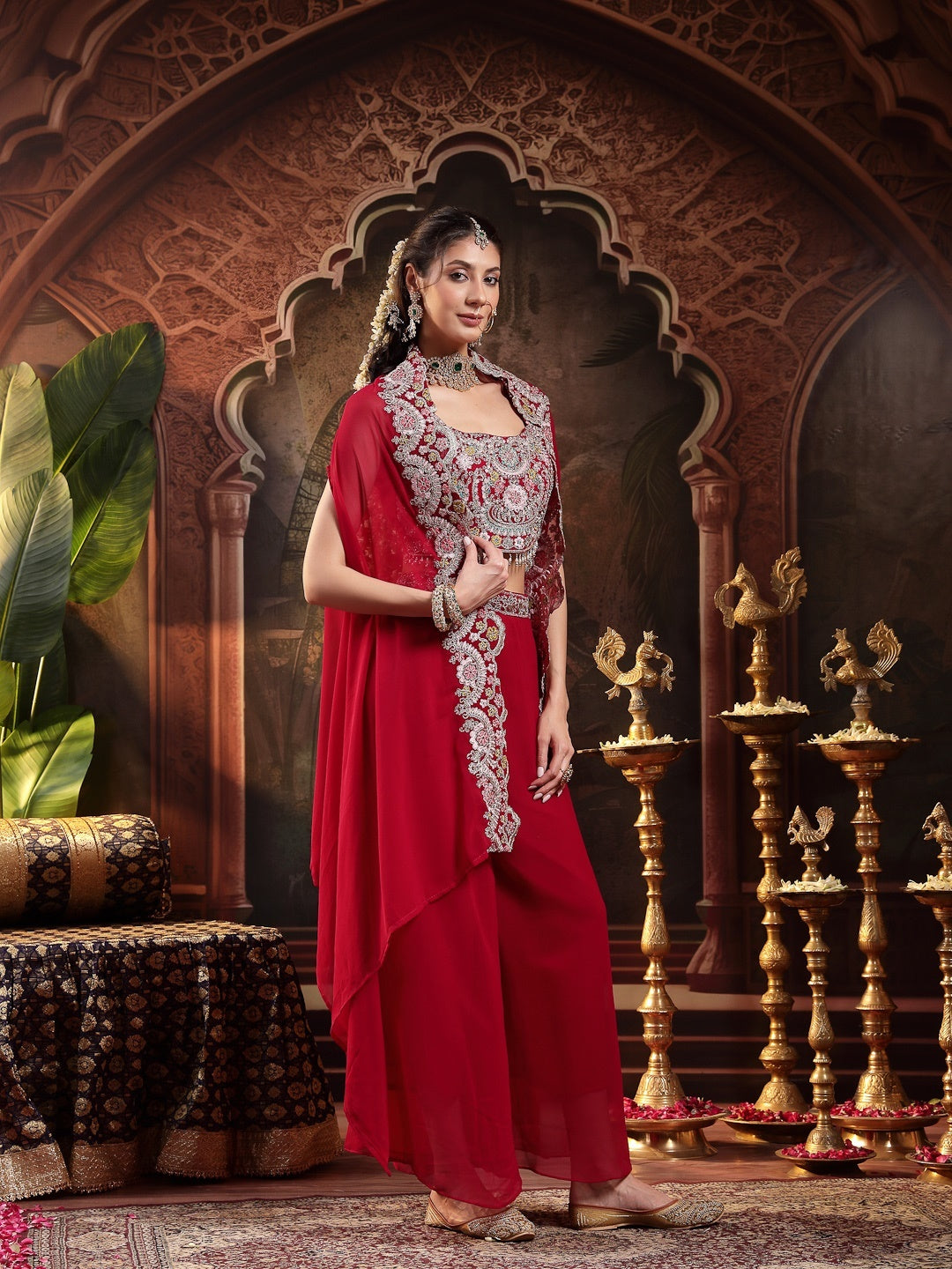 Pink Solid &amp; Embroidered Georgette Co-Ord Set