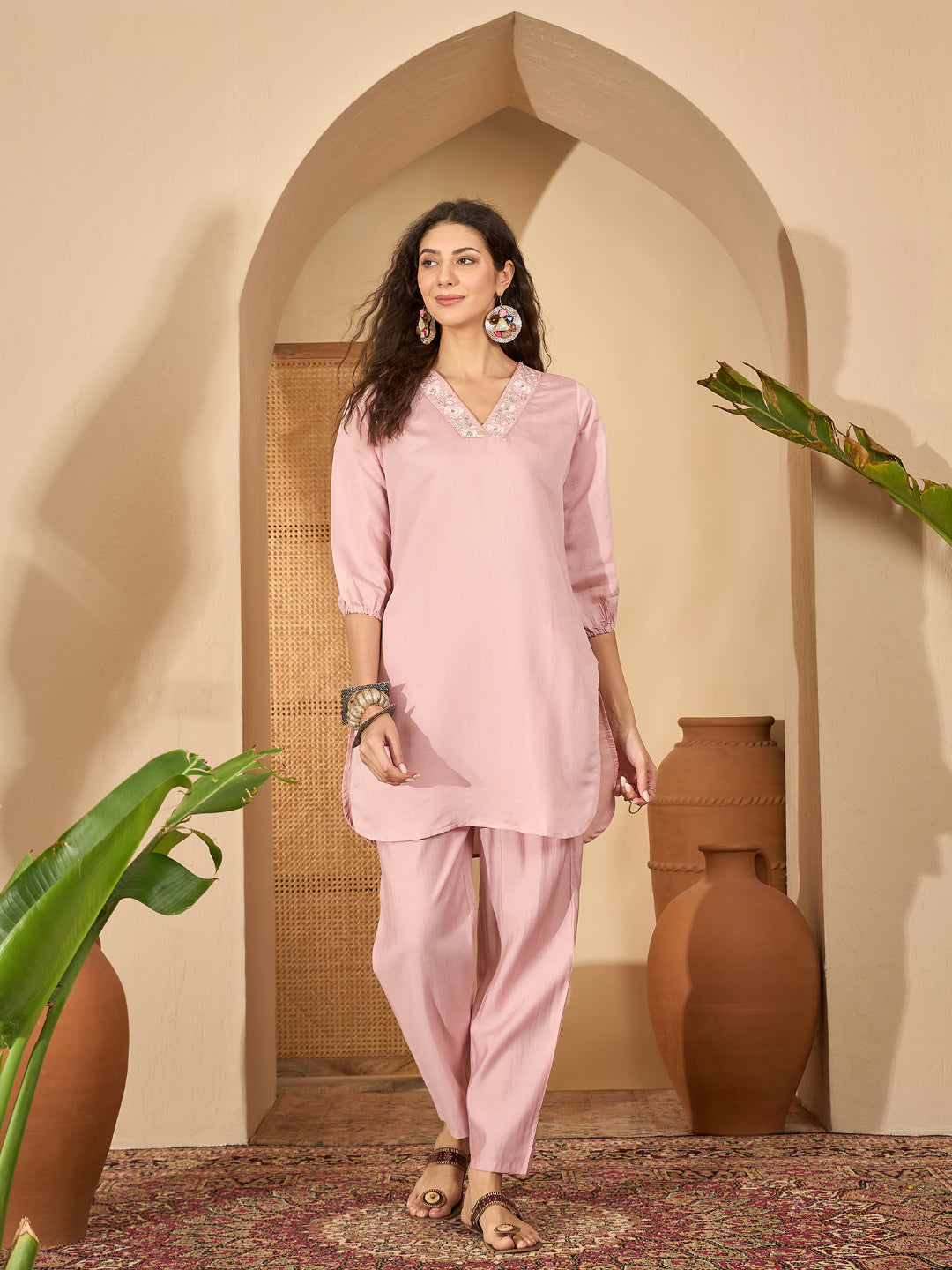 Solid Silk Blend Straight Co-Ord Set