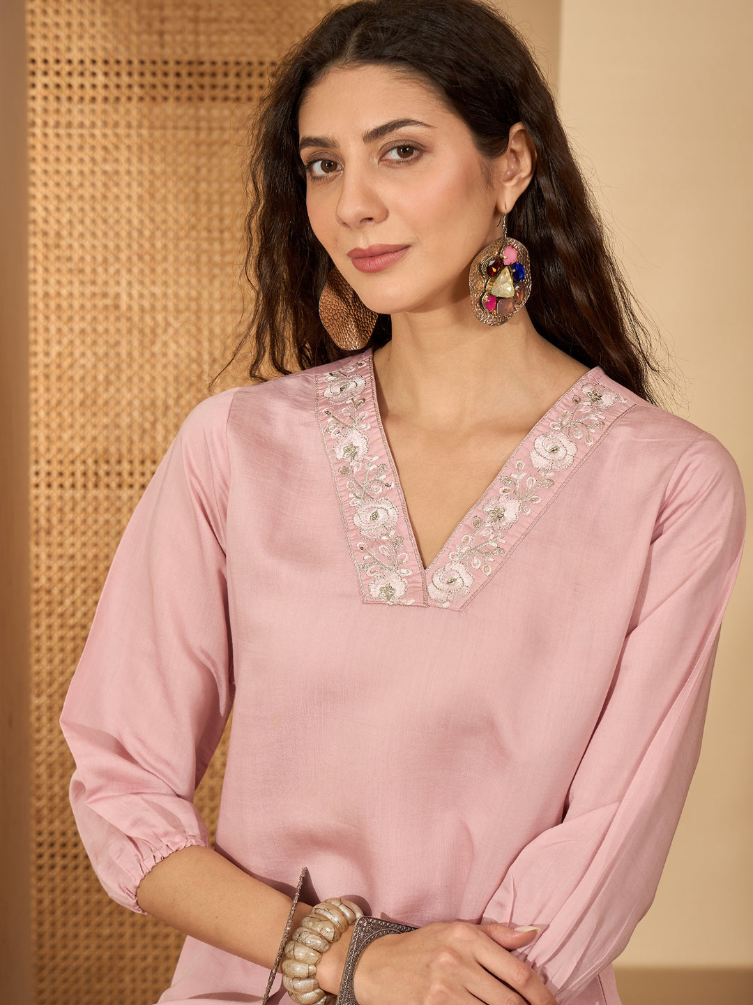 Solid Silk Blend Straight Co-Ord Set