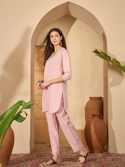 Solid Silk Blend Straight Co-Ord Set