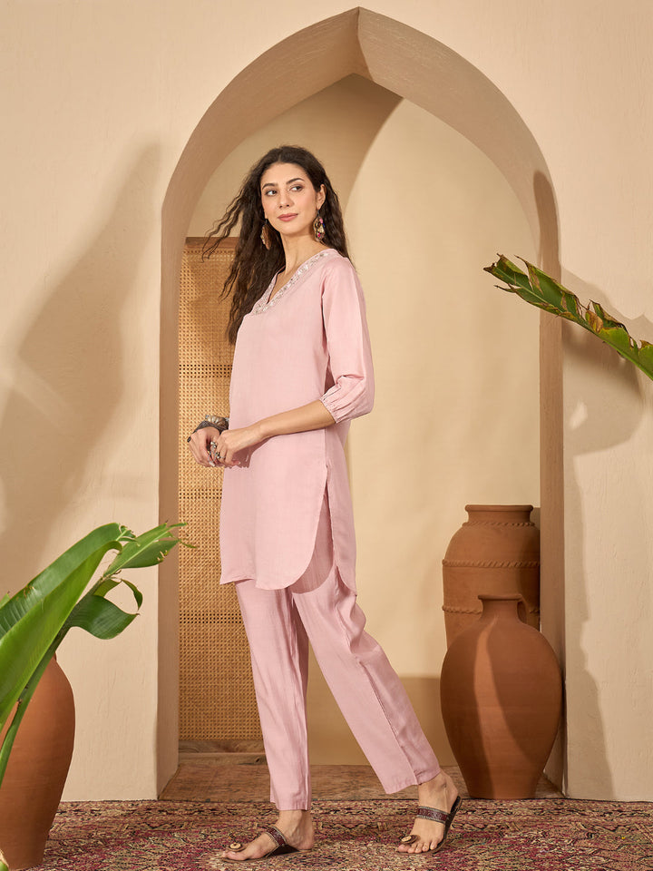 Solid Silk Blend Straight Co-Ord Set