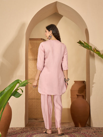 Solid Silk Blend Straight Co-Ord Set