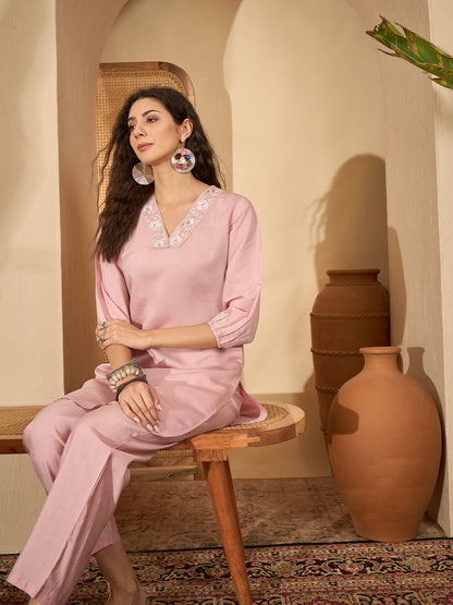 Solid Silk Blend Straight Co-Ord Set