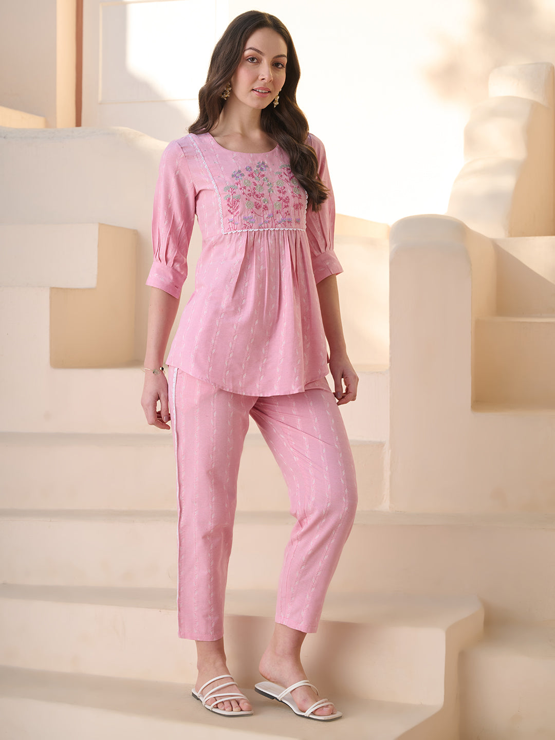 Pink Solid & Embroidered Cotton Blend Co-ord Set
