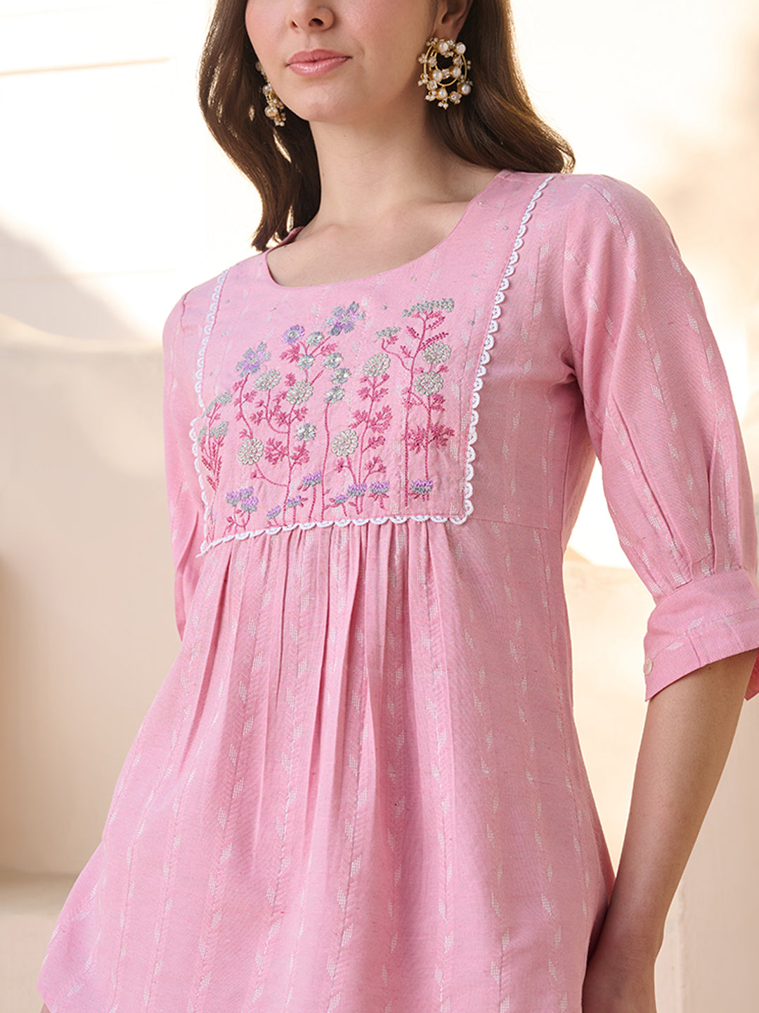 Pink Solid &amp; Embroidered Cotton Blend Co-ord Set