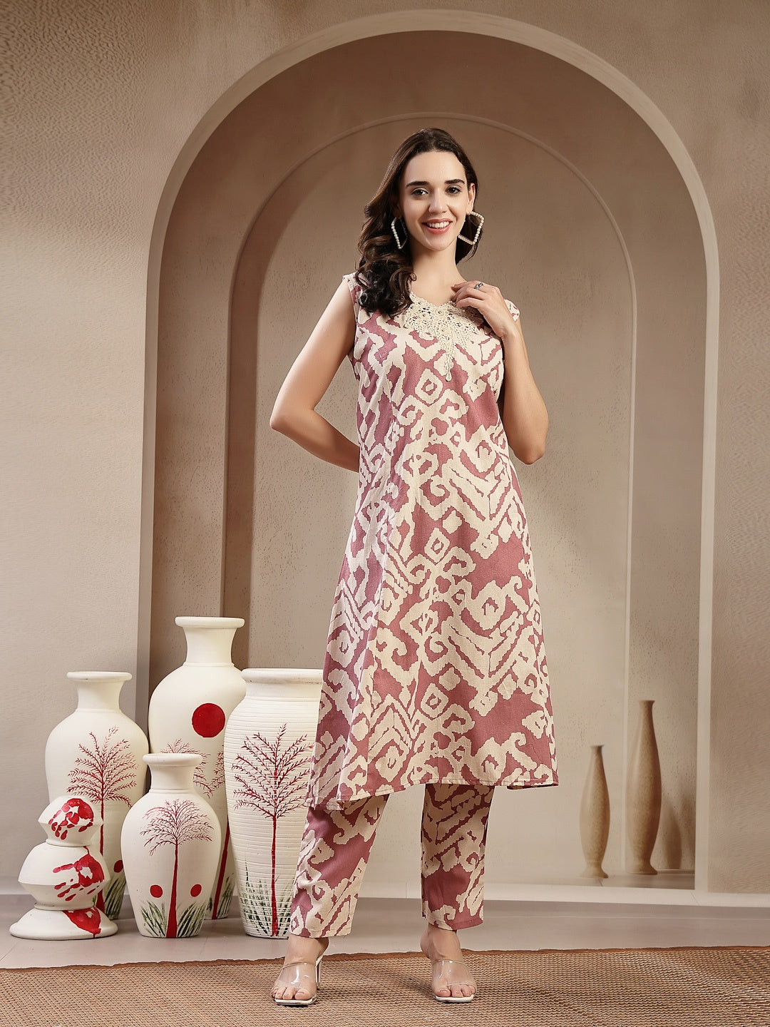 Pink Abstract Print &amp; Embroidered Cotton A-Line Kurta Pant Set
