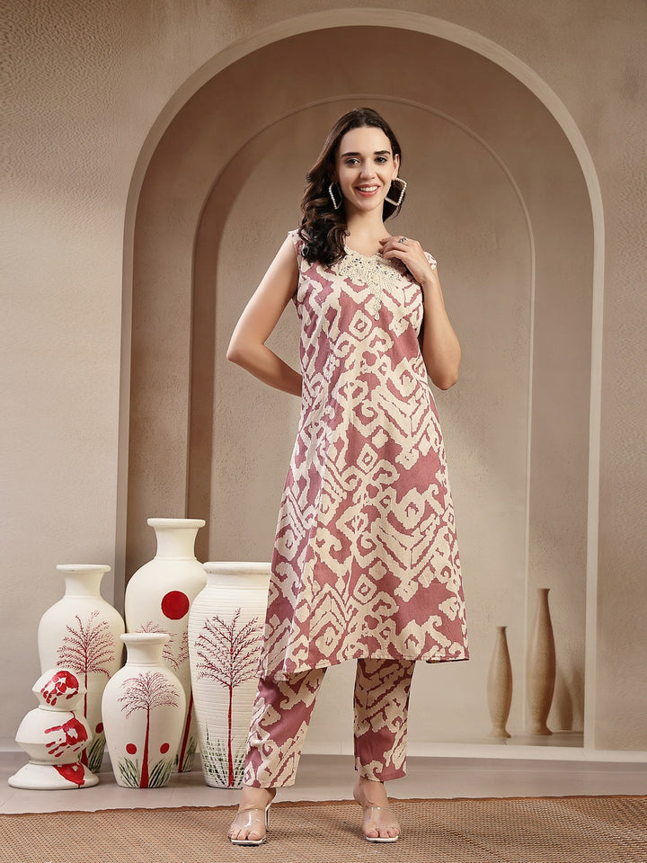 Pink Abstract Print &amp; Embroidered Cotton A-Line Kurta Pant Set