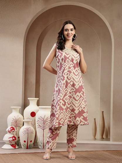 Pink Abstract Print & Embroidered Cotton A-Line Kurta Pant Set (Pre-Order)