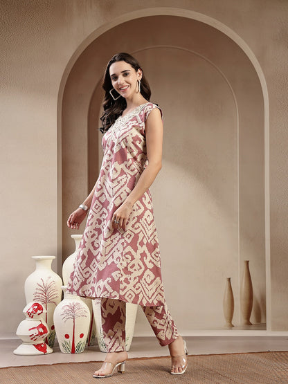Pink Abstract Print & Embroidered Cotton A-Line Kurta Pant Set