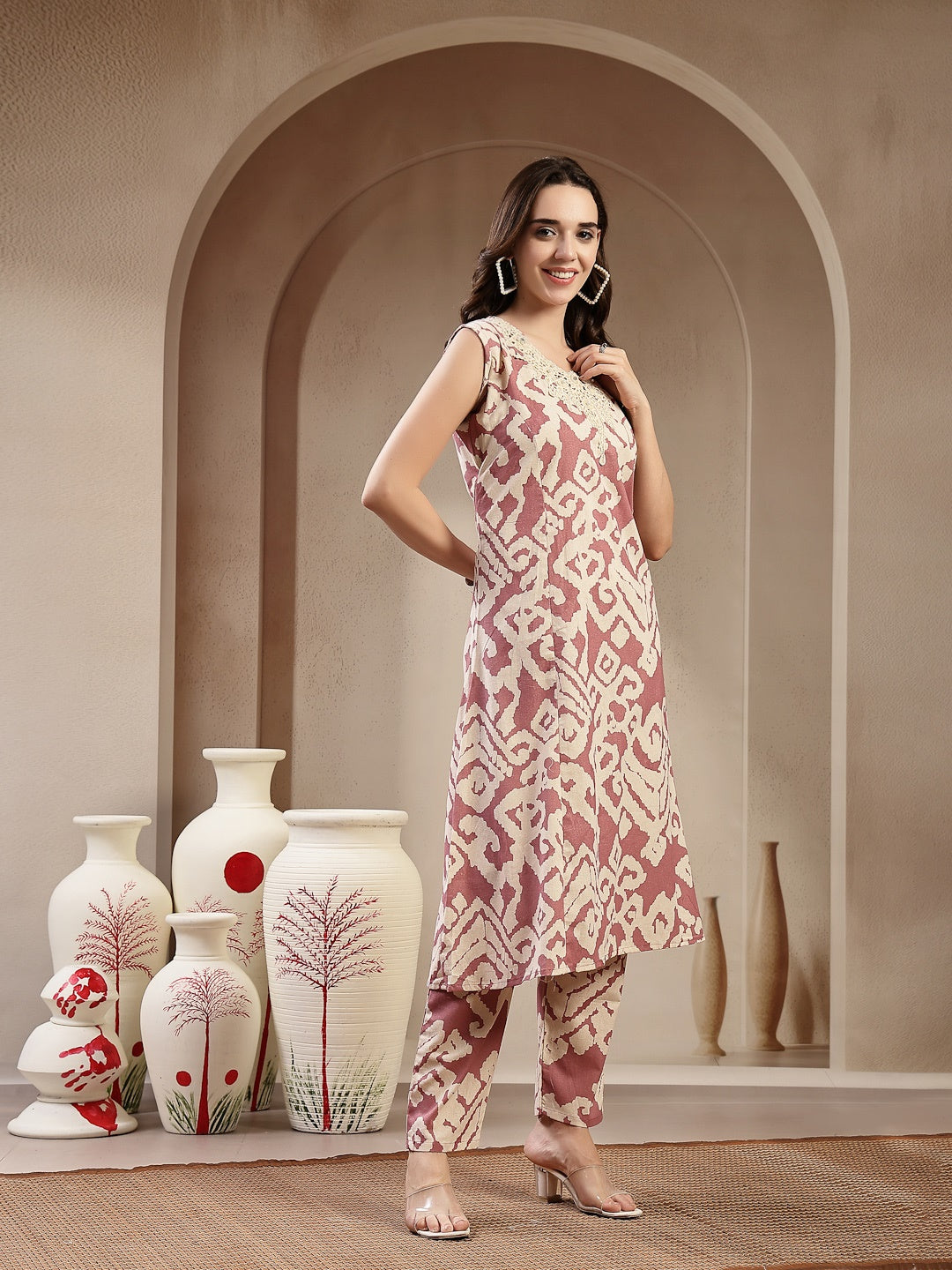 Pink Abstract Print &amp; Embroidered Cotton A-Line Kurta Pant Set